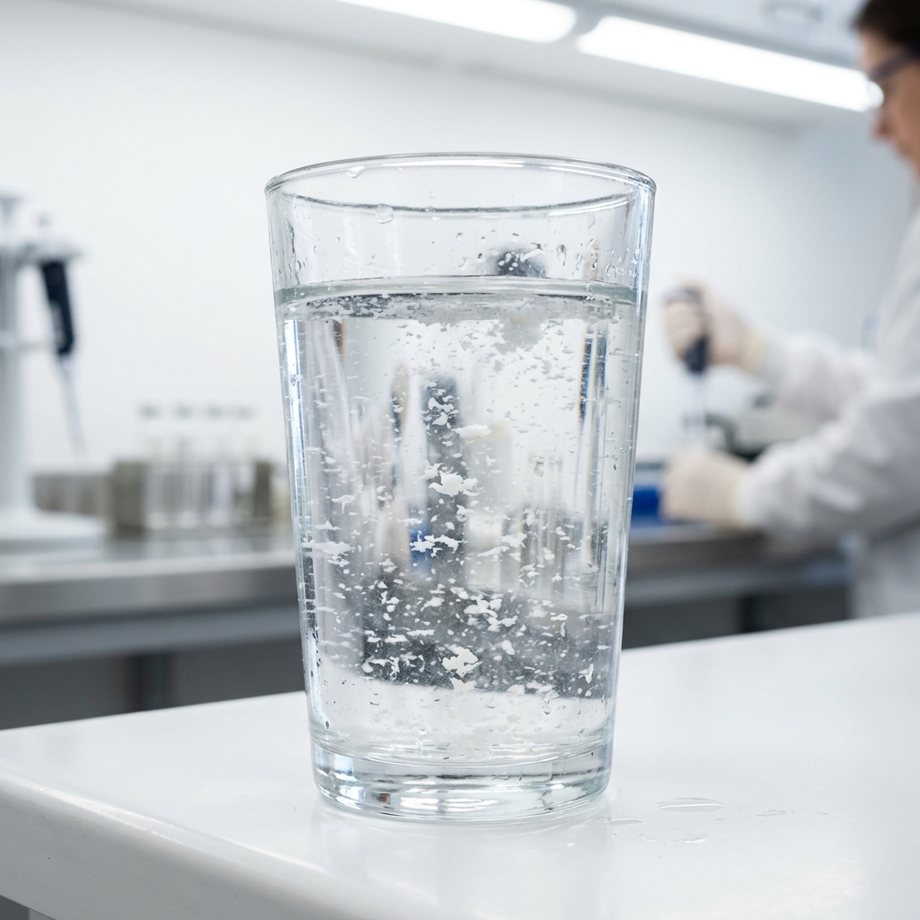 Verre d eau claire avec des mineraux de calcium representant le calcaire dans l eau potable