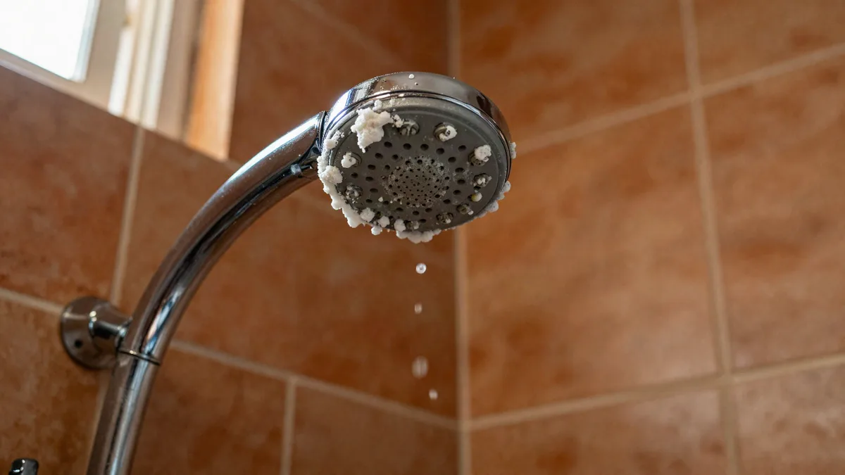 Regadera con sarro en un baño latinoamericano