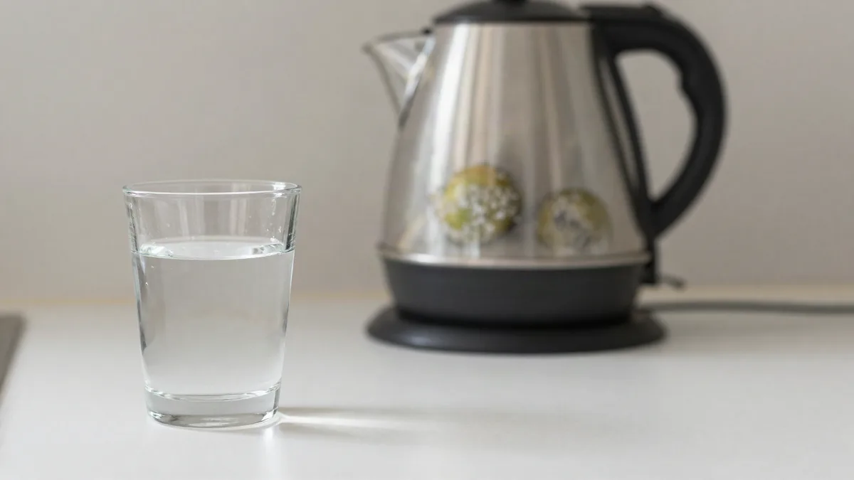 Glass of drinking water with limescale kettle in background