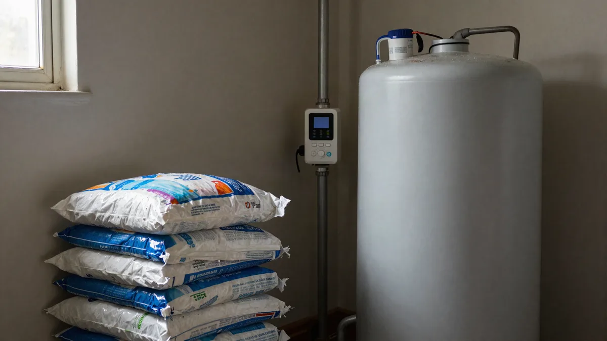 Water softener tank and salt bags in an American basement